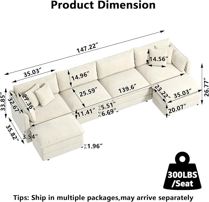 Aoowow Modular Sectional Sofa Modern Convertible U Shaped Couch,147.2 Inch Deep 4-Seater Sofas Set Comfy Chenille Cloud Sofas and Couches with Movable Ottoman for Living Room Apartment（Beige）