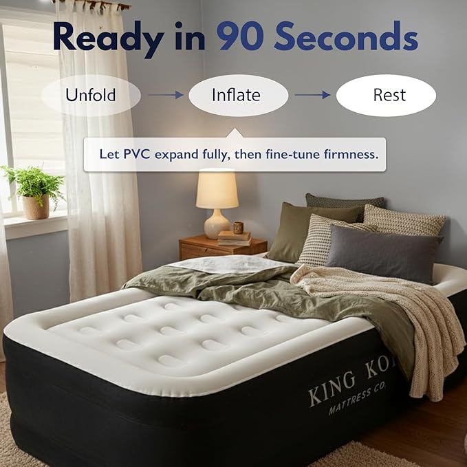 King Koil Plush Pillow Top Luxury Twin Air Mattress with Built-in High-Speed Pump for Camping, Home & Guests - 16" Airbed Inflatable Blow Up Mattress, Waterproof, 1-Year Manufacturer Warranty.