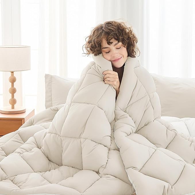 MUXHOMO 7 Pieces Full Comforter Set, Reversible Bed in a Bag Full Size, All Season Bedding Set with Comforter, Flat Sheet, Fitted Sheet, Pillowcases & Shams, Beige & White