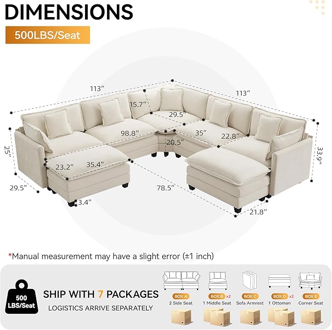 113'' V Shaped Cloud Sectional Sofa, Oversized Deep Seat Couches for Living Room, Chenille Comfy Upholstered Modular Sectional Sofa Couch with 2 Movable Ottoman, Beige