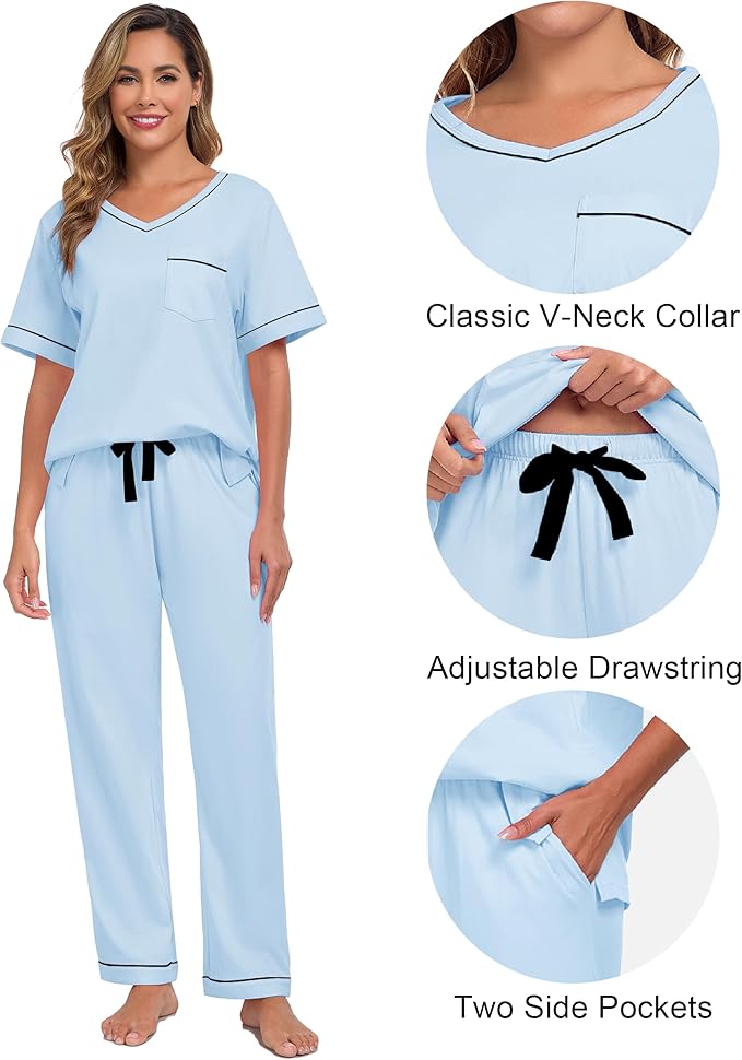 CF Women's 100% Cotton Pajama Sets Soft Short Sleeve Tops & Pants Comfy Sleepwear 2 Piece Lounge set with Pockets Loungewear
