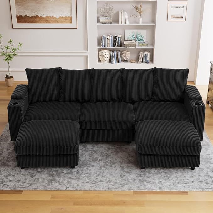 110" W x 60" D U Shape Sectional Sofa with USB Charging & Cup Holder & Storage, 5 Seater Plush Corduroy Couches with Movable Ottoman, Cloud Couch Sofas for Living Room, DIY Combination - Black