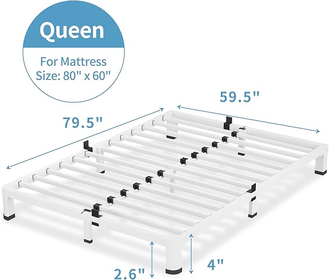 VIPSHOW 4 Inch White Queen Bed Frame, 3500Lbs Heavy Duty Metal Platform with Round Corner Legs Mattress Slide Stopper, Steel Slat Support No Box Spring Needed, Noise Free, Non-Slip, Easy Assembly