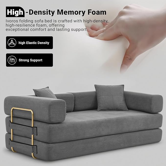 78" Convertible Sleeper Sofa Bed, Corduroy Folding Sofa Bed with Fixed-Shape Frame, Fold Out Floor Mattress Couch, Lazy Compression Sofas for Living Room, Bedroom, No Assembly Required, Grey