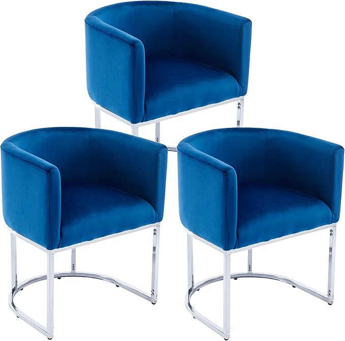 VESCASA Velvet Upholstered Dining Chairs with Barrel Back, Mid Century Modern Padded Restaurant Chairs with Chrome Metal Frame for Kitchen, Dining Room, Set of 3, Blue