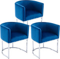 VESCASA Velvet Upholstered Dining Chairs with Barrel Back, Mid Century Modern Padded Restaurant Chairs with Chrome Metal Frame for Kitchen, Dining Room, Set of 3, Blue