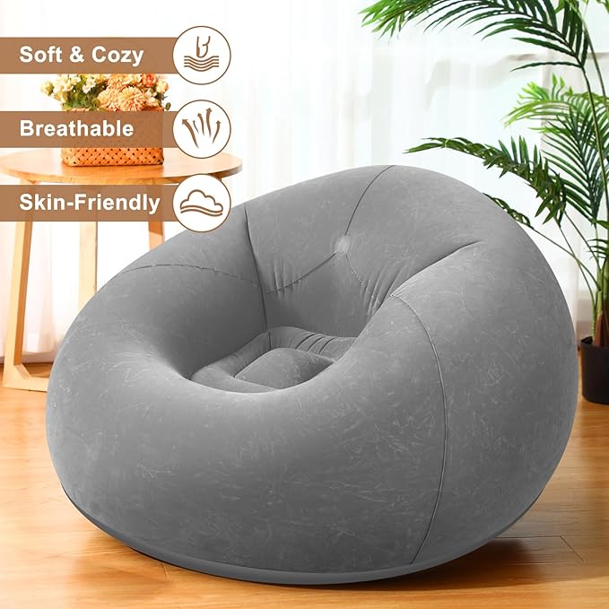 Realspring 9 Pcs Inflatable Bean Bag Chairs for Adults with Electric Air Pump, Blow up Couch Folding Portable Inflatable Couch Lazy Sofa for Outdoor Movie Nights Camping Room (Grey)