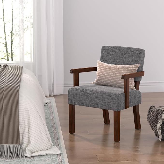 FAGAGA Accent Chair,Armchairs with Solid Wood Frame and Legs,Upholstered Reading Leisure Chair for Bedroom,Office,Waiting Room (Linen, Gray, One Chair)