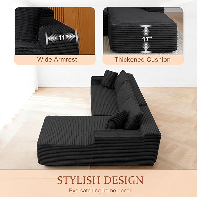 HYJT-H&K Modular Sectional Sofa Cloud Sectional Couch, 95" Comfy Fluffy L Shaped Black Couches for Living Room, Deep Seat Memory Foam Plush Corduroy Boneless Couch Sectionals Right Facing Chaise Sofa