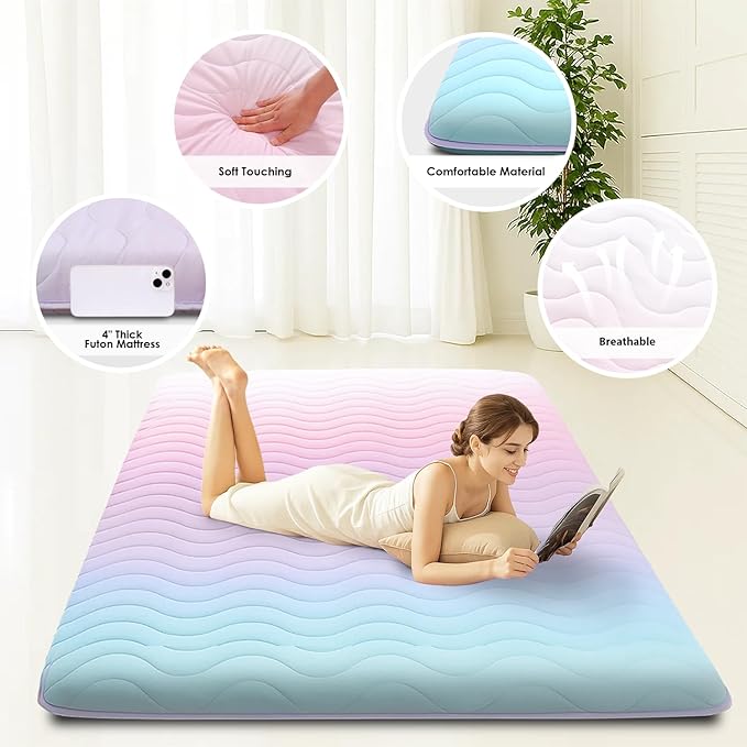 Japanese Floor Futon Mattress, 3.5" Thicken Colorful Rainbow Portable Floor Mattress, High-Density Foam Tatami Mat Sleeping Pad for Camping Guest Room Dormitory RV, Queen