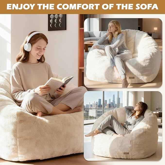 Big Bean Bag Chairs for Adults Giant Sofa with Faux Fur Shell-Shaped Beanbag Couch, Stuffed Large Bean Bag Floor Chair for Living Room, Beanbags Reading Chair for Bedroom Single Sofa(L-White)
