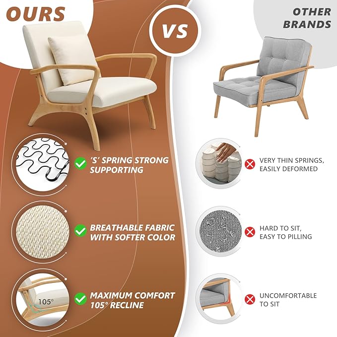 ELUCHANG Accent Chair with Lumbar Pillow,Mid-Century Modern Accent Chair Armchair, Linen Fabric Comfy Reading Chair Lounge Side Chair for Living Room Bedroom Apartment,Easy Assembly(Beige,2PCS)