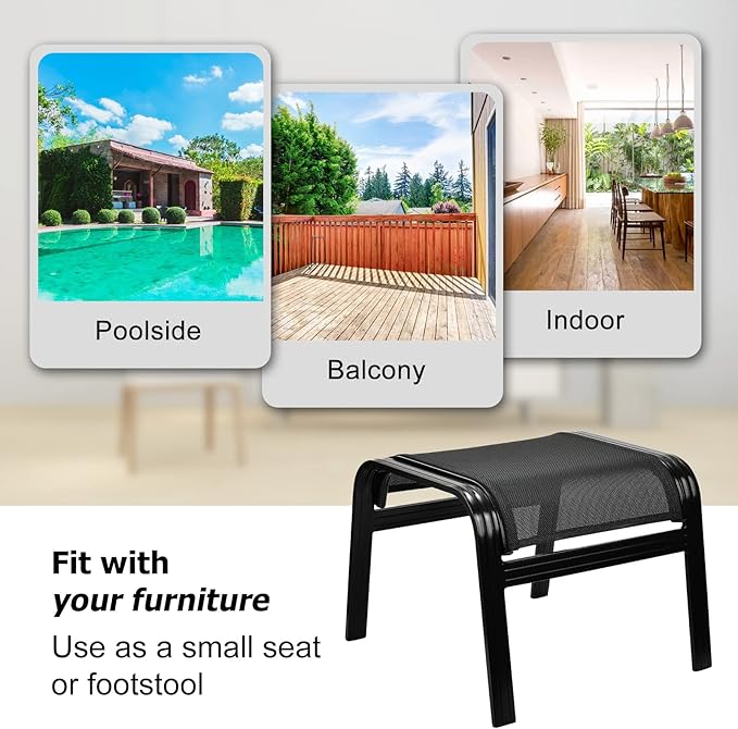 Deguifei Patio Footstools Outdoor Foot Rest Aluminum Patio Ottomans Portable Seat Wicker Furniture Stackable Ottoman 2 Pieces Black