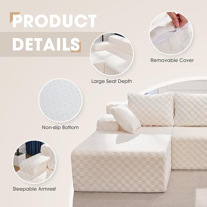 Modular Sectional Sofa Couches L-Shape Couch 3 Seat Modular Sofa Memory Foam Sectional Couches for Living Room, Cloud Couch with Oversized Chaise (White Check, 96" Left Facing Chaise)