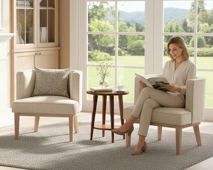 Barrel Chairs Set of 2 Mid-Century Modern Accent Chair with Solid Wood Leg Upholstered Reading Arm Chairs Linen Fabric Waiting Room Round Side Chairs for Small Spaces Living Room Bedroom Office, Beige