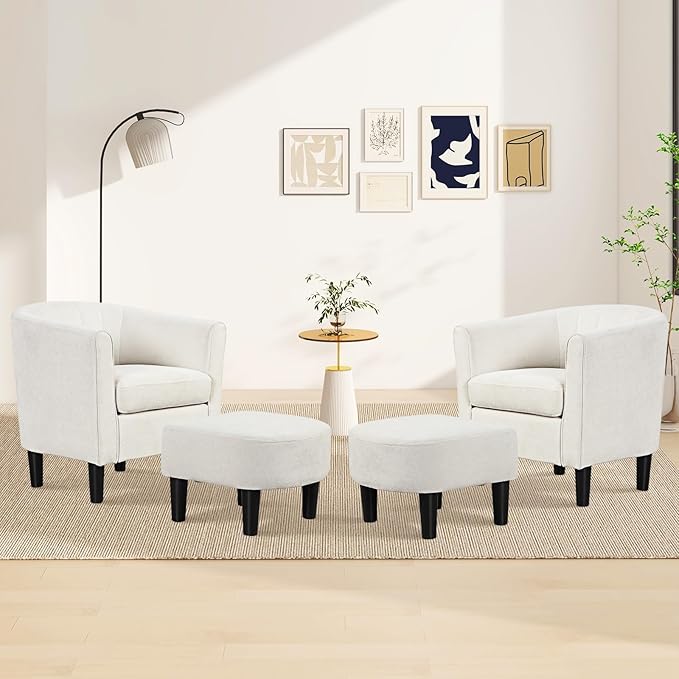 GOFLAME Accent Chair with Ottoman, Modern Teddy Velvet Barrel Chair with Footrest, Curved Backrest, Removable Seat Cushion, Upholstered Club Tub Sofa, Reading Armchair for Living Room, Bedroom, Beige