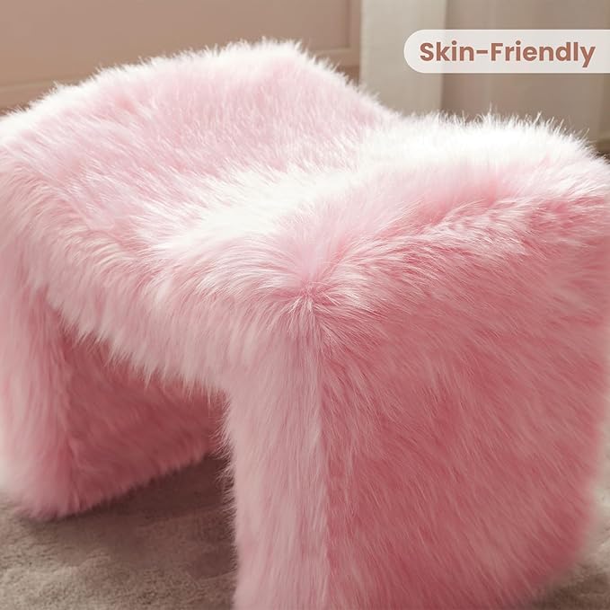 Vanity Stool Chair Small Footstool Ottoman Faux Fur Seating Backless Modern Foot Rest Ottoman Furry for Makeup Room Living Room Bedroom Entryway,Pink (Single 1)