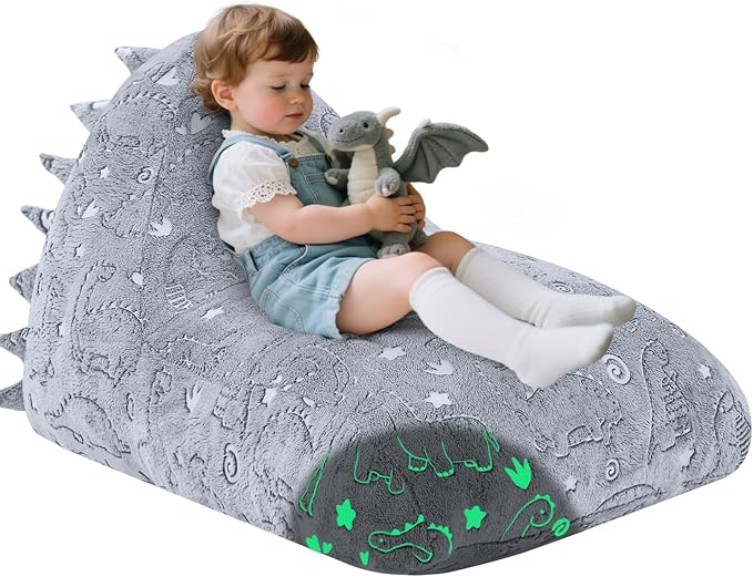COMAX Dinosaur Bean Bag Chairs for Kids, Kid Beanbag Chair with Filler, Toddler Lounge Bean Chair, Children Lazy Floor Lounger for Girls Boys, Glowing Dino