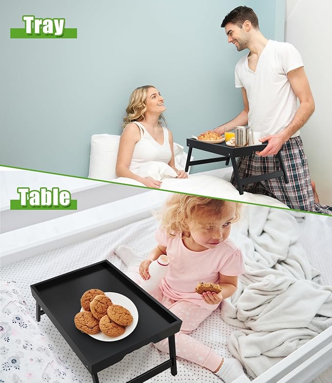 Youpehom Bed Tray Table with Folding Legs, Bamboo Breakfast in Bed for Kitchen Serving Tray, Sofa, Eating, Used As Laptop Desk Snack Tray (4 Pack, Black Color)