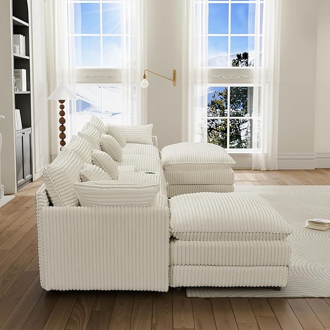 HYJT-H&K 145" U Shaped Cloud Couch Modular Beige Sectional Couches for Living Room, Comfy Fluffy Corduroy Oversized Cloud Sectional Couch Large 6 Seat Sectionals Sofa Set Central Console USB Port