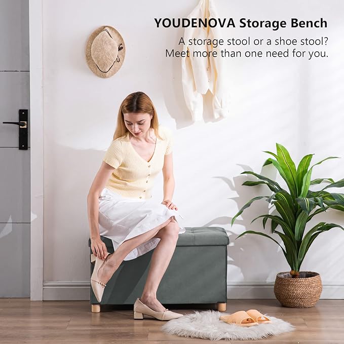 30 Inches Folding Storage Ottoman Bench, Velvet Storage Chest, Footrest Couch with Wooden Legs, Support 350lbs for Bedroom, Living Room, Hallway, Grey