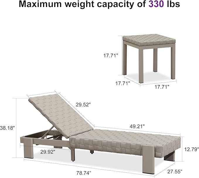 PURPLE LEAF Patio Lounge Chair Modern Outdoor PU Leather Style Chaise Lounge 1 Piece with Side Table Adjustable Backrest Aluminum Luxury Chaise Lounge Chairs for Pool Garden Backyard Beach, Tapue