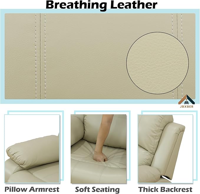 JBXBER Manual Recliner Sofa Set for Living Room, Leather Reclining Sofa Sets, Faux Leather Couch Set with Cup Holders, Drop-Down Table and Storage Console(3 Piece Set,Beige)