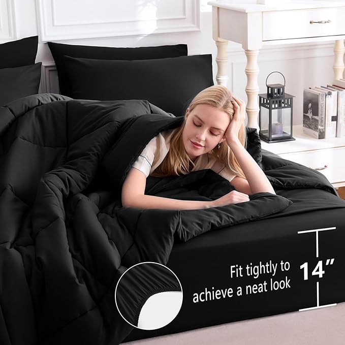 CozyLux Twin XL Comforter Set Black, 5 Pieces Twin Extra Long Bed in a Bag for College Dorm, All Season Bedding Set with Stitch Quilted Comforter, Flat Sheet, Fitted Sheet, Pillowcases