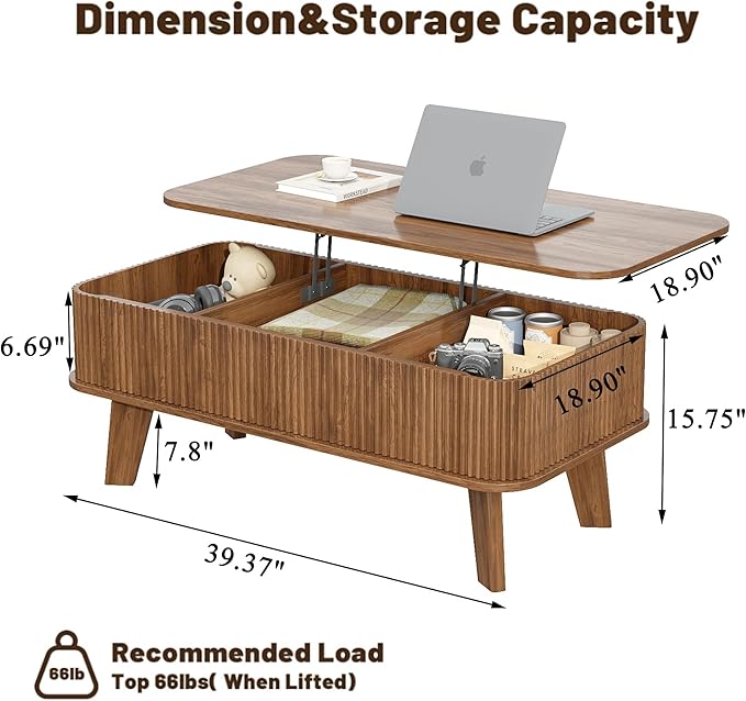 LCVTND Fluted Lift Top Coffee Table with Storage, Modern Wood Coffee Table Retro Center Table with Hidden Lifting Table Top Compartment for Living Room, Home, Office, Walnut