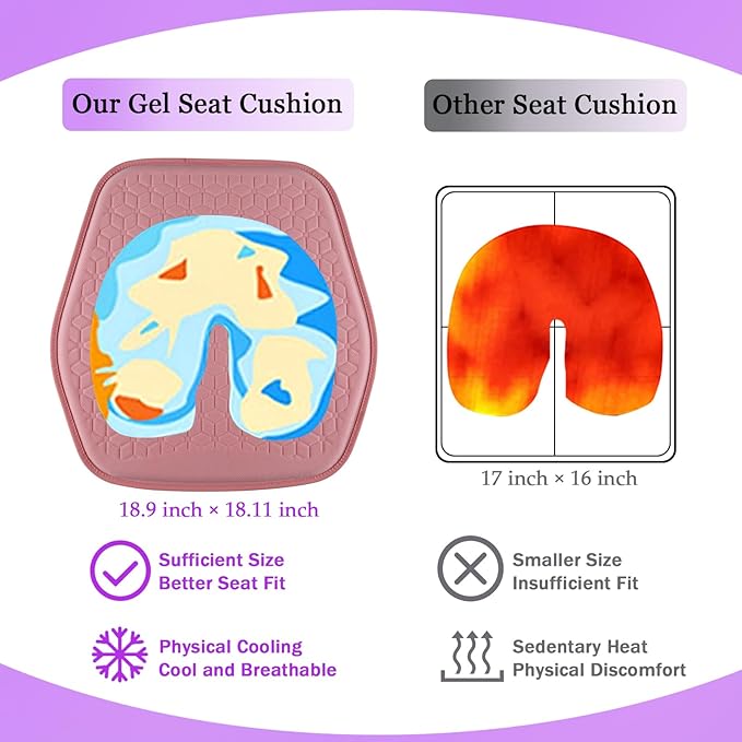 Binsheo Thin Gel Seat Cushion for Car Seat, Office Chair, Wheelchair, Golf Cart - Non-Slip Car Seat Cushions with 0.7 Inch Gel - Sciatica & Coccyx Pain Relief (Fabric, Pink)