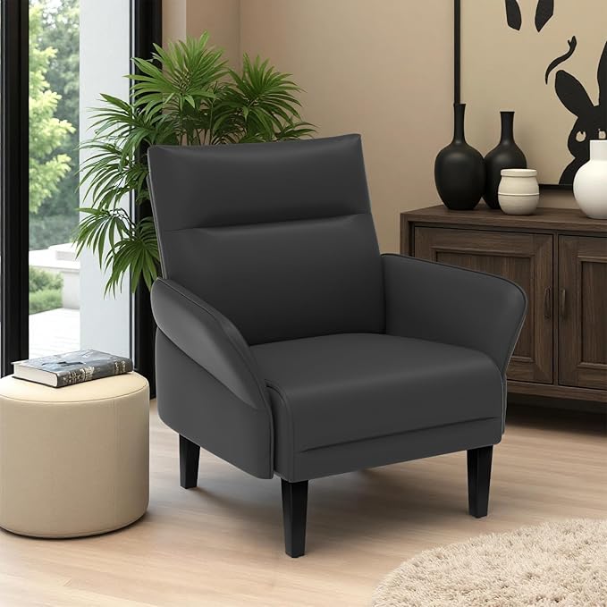 2-Pack Faux Leather Accent Sofas, Slanted Shawl Armchairs with Wide Armrests & Wooden Legs, Black Sofa Chairs Set for Living Room, Bedroom, Small Spaces