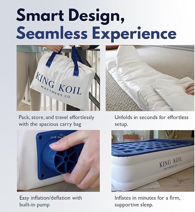 King Koil Full Size Premium Air Mattress with Built-in Pump for Home, Camping & Guests, 16" Inflatable Airbed Double High Adjustable Blow Up Mattress, Durable - Portable and Waterproof