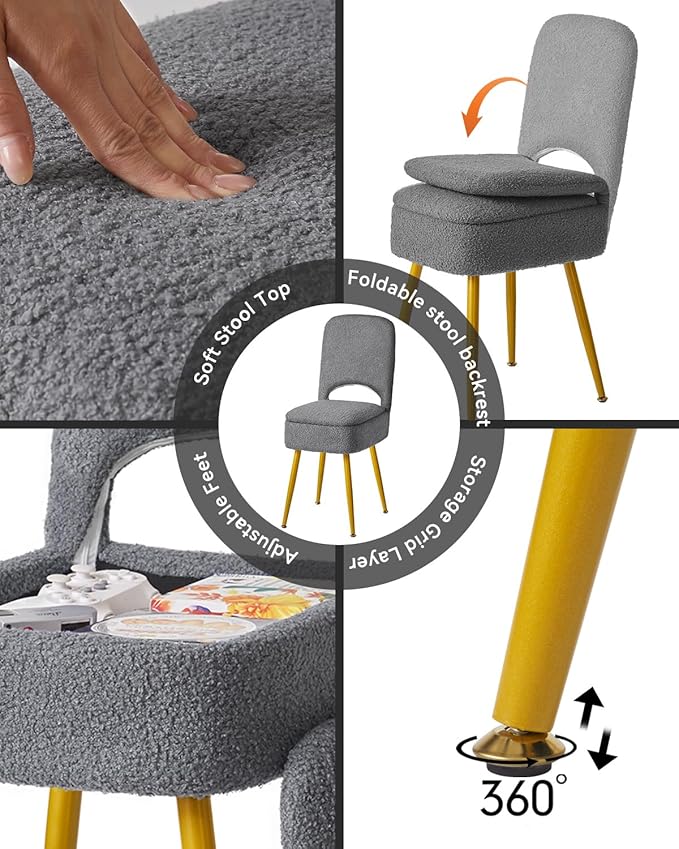 IBUYKE Small Storage Vanity Stool with Folding Backrest, 12.99" x 13.78" x 31.5" Square Teddy Velvet Ottoman, Makeup Chair for Living Room, 4 Metal Legs with Anti-Slip Feet, Gray WBD027G
