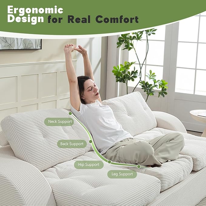 MeMoreCool Cloud Couch – 3-Seater Convertible Sofa Bed, Tufted Cushion, Corduroy, No Assembly, Beige Compact Floor Sofa | Foldable Boneless Design | Comfy Sleeper for Living Room & Small Spaces