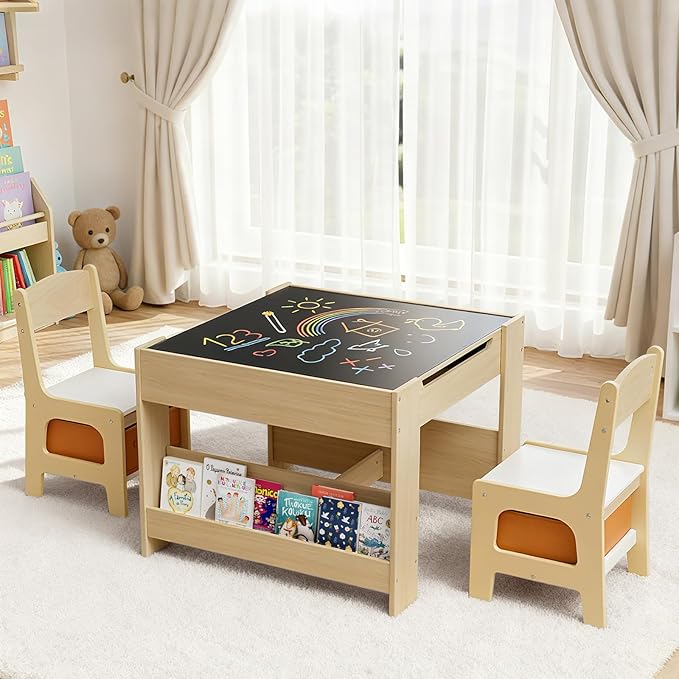 Arlopu Kids Table and Chairs Set, 4 in 1 Toddler Art Desk with Storage Drawer, Wooden Activity Deskboard, Blackboard, Reversible & Detachable Tabletop, Bookshelf for Drawing, Reading (Natural & White)