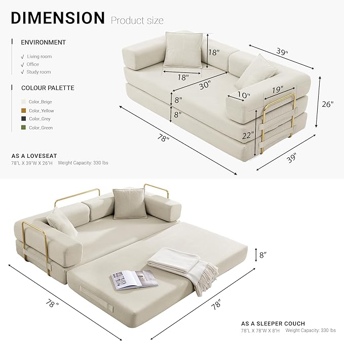 78" Convertible Sleeper Sofa Bed, Corduroy Folding Sofa Bed with Fixed-Shape Frame, Fold Out Floor Mattress Couch, Lazy Compression Sofas for Living Room, Bedroom, No Assembly Required, Beige