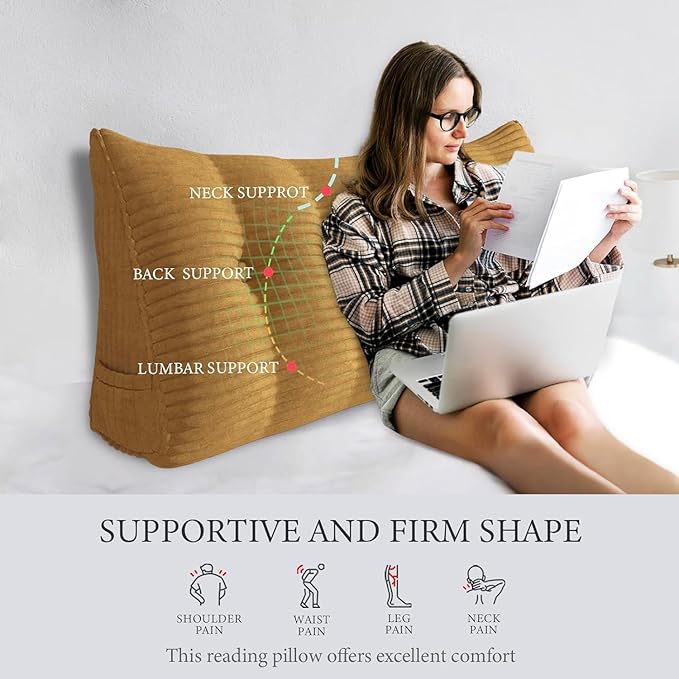 Wedge Headboard Pillow Dorm Room Reading Pillow Back Support for Sitting Up in Bed Bolster Lumbar Cushion Body Positioning Bedrest Corduroy (Khaki, King (76 * 8 * 20in))