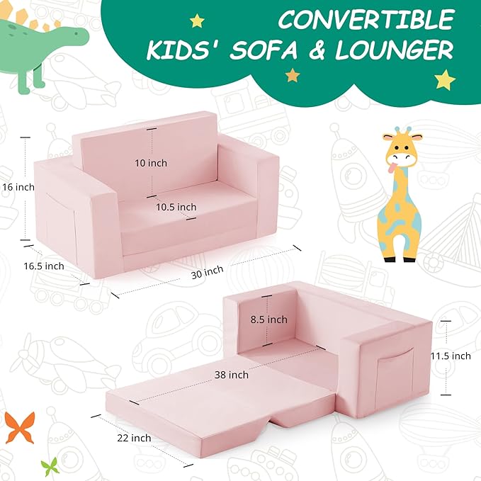 Kids Couch, 2-in-1 Toddler Chair Comfy 1-3 Years, Convertible Kids Chair, Toddler Couch That Fold Out, Kid Lounge Chairs for Boys and Girls, Soft Coral Fleece, Double, Pink