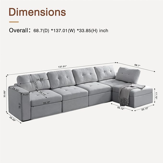 ORRD Convertible Sectional L Shaped Sofa with Storage, Modular Sectional 5 Seater Tufted Sofa Set with Chaise - Grey