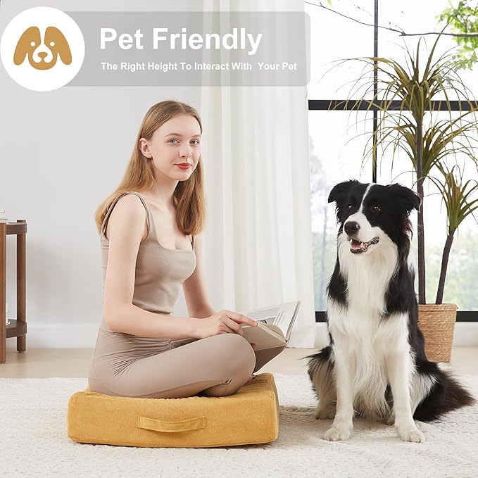 JKMAX 22 inches Floor Pillow for Adults - Large Meditation Cushion with Thick Foam & Soft Tufted Cover - Premium Outdoor Square Floor Cushion Seat - Yoga Pillows for Sitting On Floor - Yellow