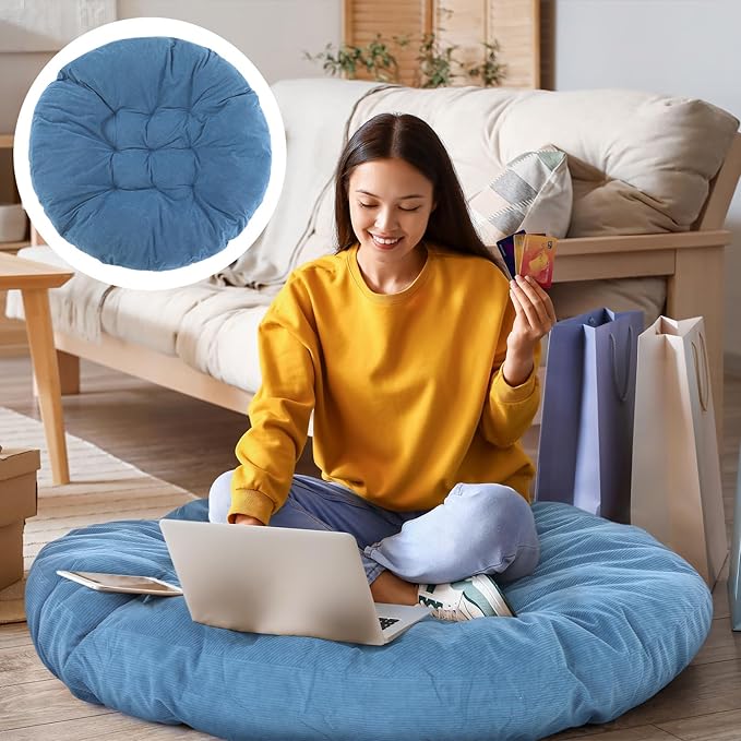 Large Floor Cushion Seating Round Floor Pillow Cushion for Adults Oversized Playroom Pillows Reading Nook Big Pillow for Sitting Meditation Yoga Living Room Sofa Balcony(Lake Blue,Classic)