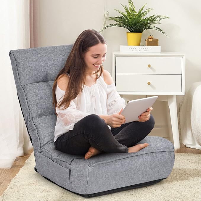 DORTALA Foldable Floor Chair for Adults, Memory Foam Floor Gaming Banana Chair w/ 5-Position Adjustable Head and Back Support for Bedroom, Living Room, Gaming Room, Grey