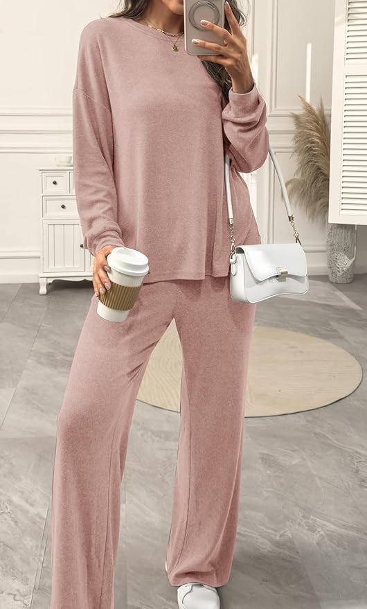 AmazingStar Womens Lounge Set 2025 Fall 2 Piece Outfits Long Sleeve Tops Wide Leg Long Pants Cozy Matching Sets Clothing