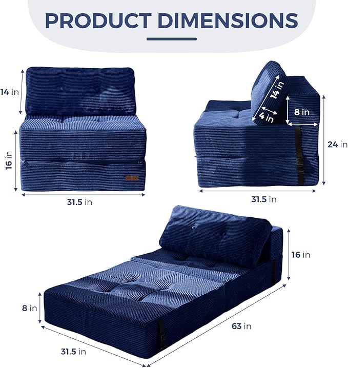 MAXYOYO Folding Sofa Bed, Convertible Chair Bed with High-Density Support Foam, Portable 4 in 1 Fold Out Seating to Floor Lounger, Versatile Floor Sofa Couch for Living Room Bedroom, Navy