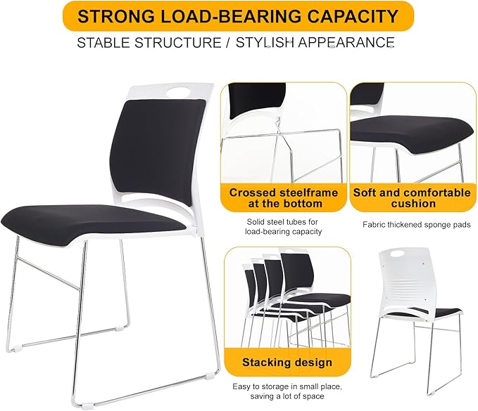 8 Pack Stacking Chairs Set Black Stackable Home Office Guest Chair Set with Padded Seat and Back,Lobby Chairs Waiting Room Reception Chair for Cafeteria,Library, Laboratory,Training Room