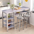AWQM 3-Piece Bar Table and Chairs Set, Modern Glay Table with 2 PU Cushion Bar Stools, Kitchen Counter with 3 Tier Storage Shelves, Space Saving Table for Home & Kitchen, Black Frame