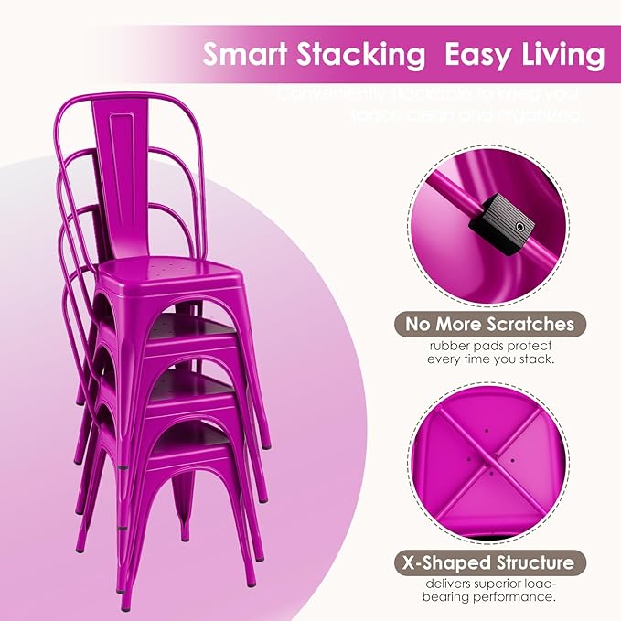 Metal Dining Chairs Set of 6 - Stackable Tolix Chair Indoor/Outdoor for Kitchen, Cafe,Restaurant, Bistro & Patio Multiple Colors(Purple)