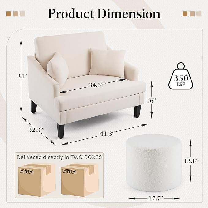 Bezseller Oversized Accent Chair with Ottoman - 33.5'' Wide Seat Comfy Armchair with 2 Pillows, Upholstered Big Reading Chair, Modern Single Sofa Chair for Living Room Bedroom Office, Beige/Beige