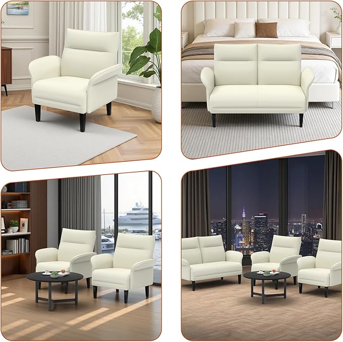3-Piece Symmetrical Shawl Arm Sofa Set, Faux Leather Loveseat & 2 Accent Chairs with Wide Armrests, Wooden Legs, Upholstered Living Room Set for Cozy Spaces(Beige)