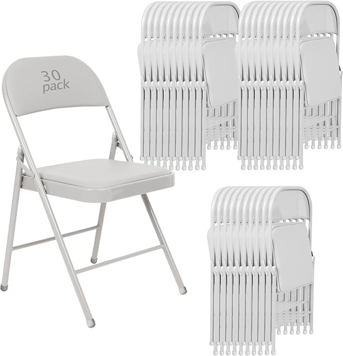 30 Pack White Padded Folding Chairs Set - Comfortable Stackable Portable Chairs for Indoor Outdoor, Events, Parties, Office, Wedding (PU Leather, Executive White,School Chair)